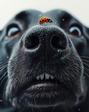 dog's black nose, with its teeth visible and an orange ladybug perched on it