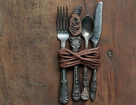 Rustic cutlery set, tied with twine - Powered by Adobe