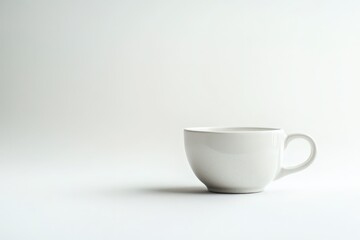 A simple white ceramic coffee cup sits on a white surface