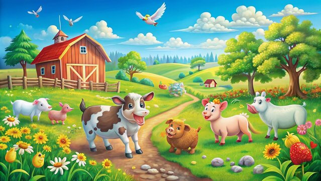 Fototapeta Cartoon Barnyard Animals in a Sunny Meadow Landscape