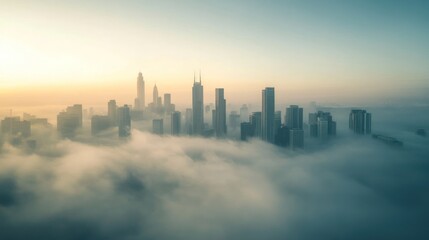 City Skyline Emerging From Fog at Sunrise with Dramatic Lighting