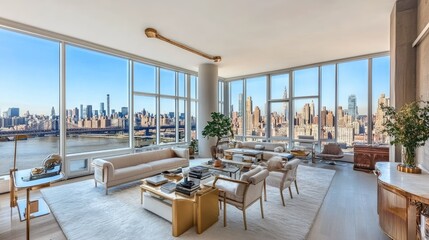 Fototapeta premium A luxury penthouse living room with panoramic city views, elegant furniture, and golden accents.