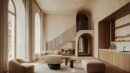 A minimalist Japandi-style living room with a soft earth-tone color palette, clean furniture, and natural materials.