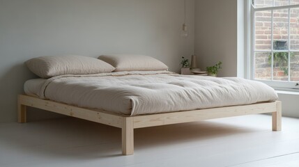 Fototapeta premium A bright and airy minimalist bedroom with soft neutral bedding and a simple wooden bed frame