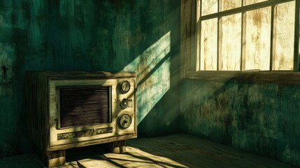 Vintage Radio in Sunlit Room with Weathered Walls and Wooden Floor