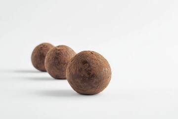 Three Chocolate Truffles Displayed Neatly On A White Background