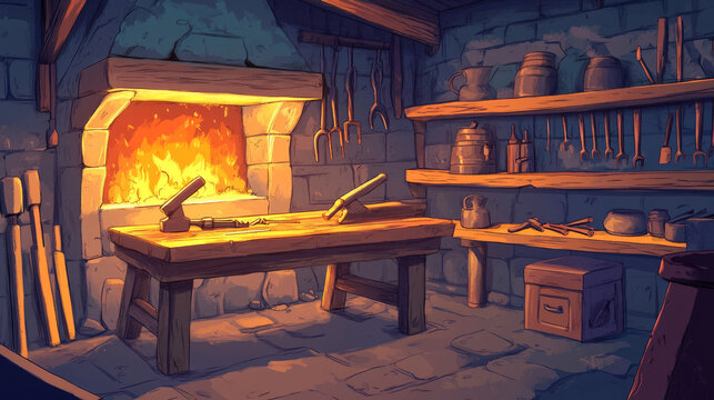 Blacksmith workshop, forge with anvil and hammer on workbench. Vector cartoon interior of smithy with brick furnace with fire, shelves with tools and metallurgy equipment