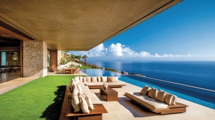 Fototapeta premium A contemporary terrace design with artificial grass and a view of the open sky