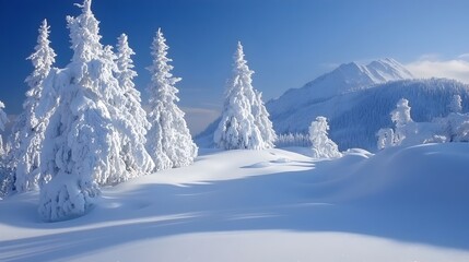 Majestic snow covered evergreen trees stand tall against a brilliant blue sky and a snow capped mountain range in a winter wonderland scene.