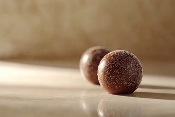 Two chocolate spheres with dusting sit on a surface