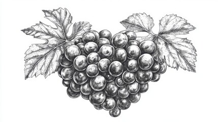 Fototapeta premium Heart-shaped bunch of grapes with leaves, detailed pencil sketch.
