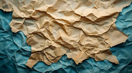Obraz premium A textured background of crumpled beige and teal paper creates a dramatic and visually interesting design element perfect for various projects.