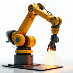 Robotic arm welding, sparks isolated white background. Industrial robot assembly line, machine tech automation, manufacture control engineering. Modern industry device production.