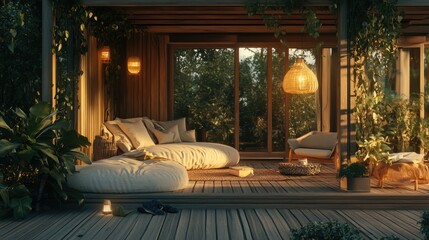 Obraz premium A cozy lounge space on a wooden terrace with greenery and soft outdoor lighting