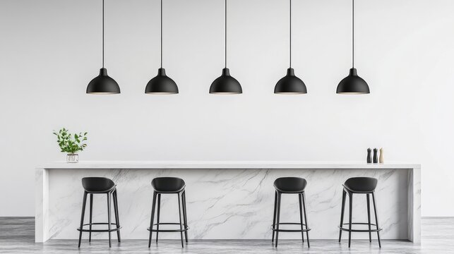 A row of sleek black pendant lights hanging over a minimalist marble kitchen island. - Powered by Adobe