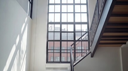 Fototapeta premium A dramatic lighting effect through steel-framed windows in a stairwell