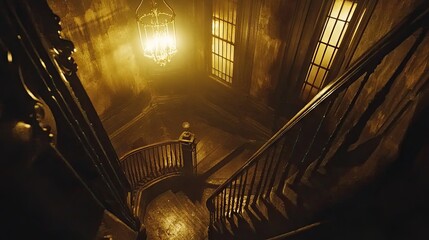Naklejka premium A dramatic lighting effect through steel-framed windows in a stairwell