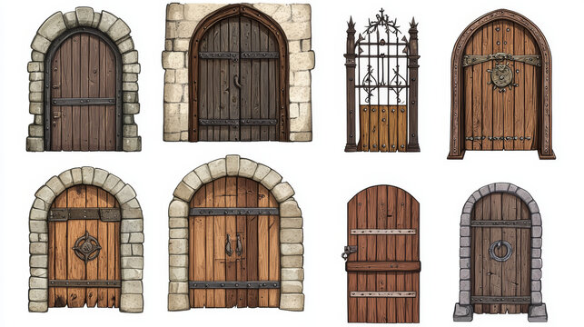 Medieval wooden doors in old house, castle or dungeon with grating. Vector cartoon set of game icons of ancient wood and metal closed gates with stone brick wall isolated on white background