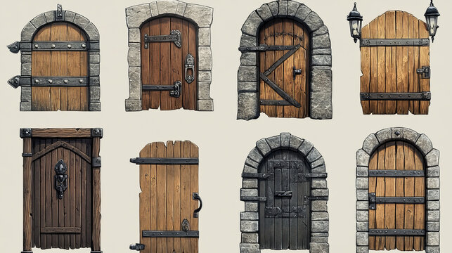 Medieval wooden doors in old house, castle or dungeon with grating. Vector cartoon set of game icons of ancient wood and metal closed gates with stone brick wall isolated on white background