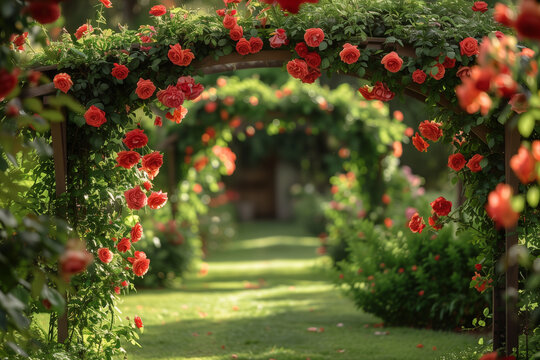 Garden pathway lined with lush green bushes and arches, covered in vibrant red roses.