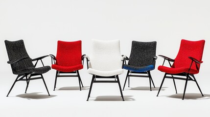 Fototapeta premium Five Mid Century Modern Chairs in Black, Red, and White Upholstery on
