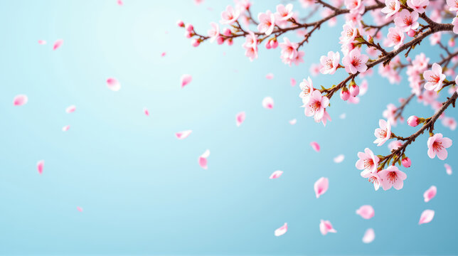 Ramas de almendro mallorqu&iacute;n de flor rosa y p&eacute;talos flotando en el aire sobre cielo azul. Tranquilo, elegante, estacional, floraci&oacute;n en Mallorca, invierno y primavera, belleza de naturaleza. 
