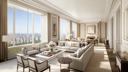 Fototapeta premium A spacious open-plan living area with a large comfortable sofa, elegant decor, and neutral color tones.