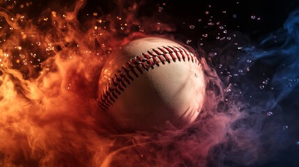 Dramatic Baseball in Vibrant Smoke and Water Artistic Sports Photography Dynamic Action Intense Game Red Blue Colors Professional Image High Quality  