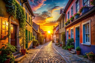 Fototapeta premium Charming Sunset Alleyway in Colorful Mediterranean Village - Stock Photo