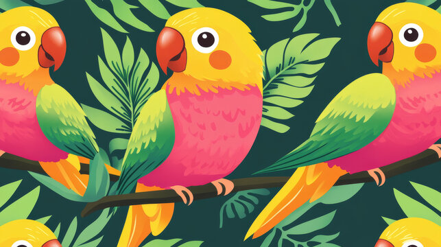 Parrot with bright colorful feathers. Cartoon vector illustration set of cute tropical birds standing. Exotic jungle pink, yellow and green birdie with beak and wings. Wild cheerful animal mascot.