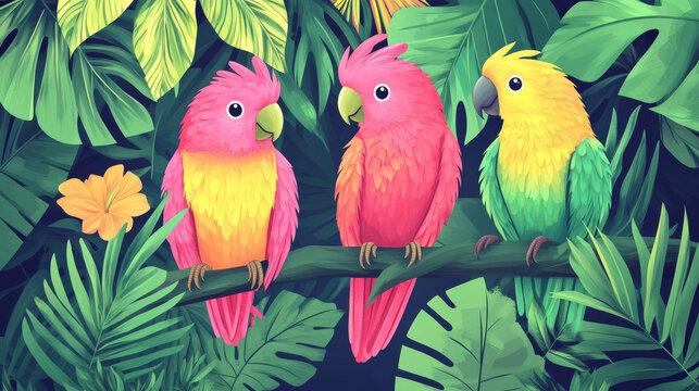 Parrot with bright colorful feathers. Cartoon vector illustration set of cute tropical birds standing. Exotic jungle pink, yellow and green birdie with beak and wings. Wild cheerful animal mascot.