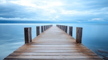 Fototapeta premium Wooden Dock Extends Over Calm Water Under Cloudy Sky Scenery