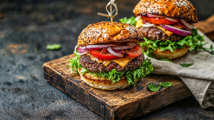 food photo of a fresh burger with cheese, brioche buns, served on a wooden board with a folded linen nap