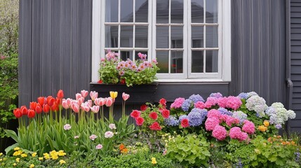 A vibrant garden featuring a mix of tulips, geraniums, and hydrangeas, placed neatly along the side of a house to add color and beauty.