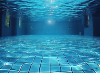 Obraz premium Underwater Swimming Pool View with Vivid Blue Water and Tiled Floor