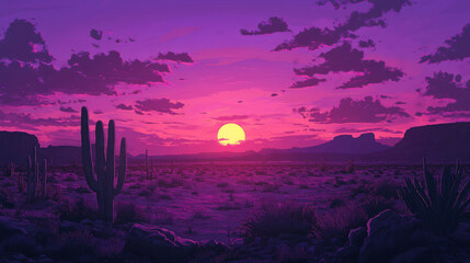 Sunset sky in desert western landscape with cactus. Arizona purple and pink horizon summer wallpaper scene. Usa Texas land with magic sun ray above cloud. Empty sand ground wild place with rock
