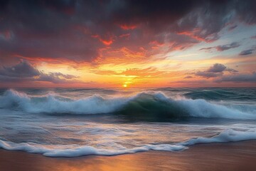 Fototapeta premium Sunset Over the Beach with Dramatic Waves and Colorful Clouds