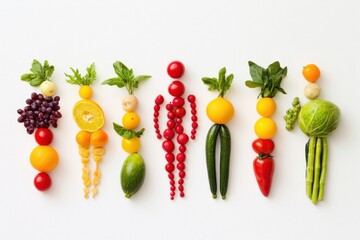 A creative arrangement of various fruits and vegetables shaped like a human silhouette, showcasing a colorful assortment of produce including berries, citrus, and leafy greens.