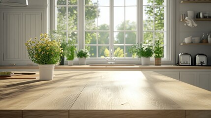 Fototapeta premium A modern farmhouse-style kitchen with wooden countertops and soft white walls