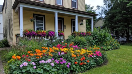 A welcoming flower garden in front of a house, with colorful blooms like begonias, marigolds, and roses, giving the yard a lively atmosphere.