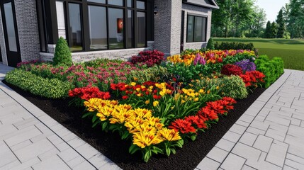 Fototapeta premium A well-arranged flower garden with bright blooms like zinnias, begonias, and tulips next to the front of a house, creating a welcoming atmosphere.