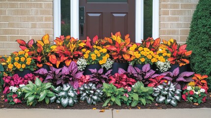 Naklejka premium A well-arranged flower garden with bright blooms like zinnias, begonias, and tulips next to the front of a house, creating a welcoming atmosphere.