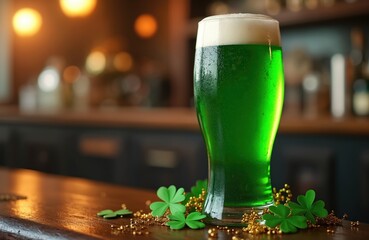 Green beer glass St Patricks Day celebration on pub bar counter with clover leaves decorations. Irish pub drink with bubbles, foam and bokeh lights. Festive party concept.