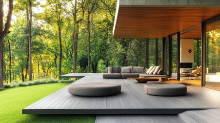 Fototapeta premium A modern terrace with a garden view, featuring artificial grass and sleek wooden flooring