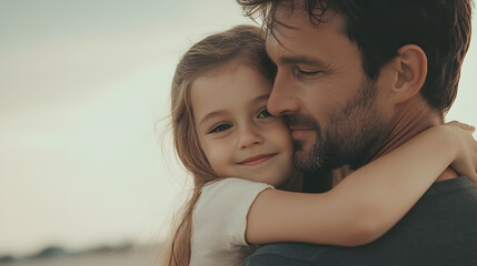 Fototapeta premium A father hugging his daughter with a warm smile, showing love and care. The photo may capture a spontaneous moment of affection between them, such as a hug in the middle of a family activity.