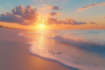 Happy New Year 2025 beach scene sunset with number in sand