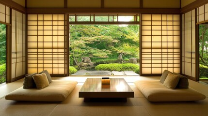 A neutral and calming color scheme in a Japanese-style home with a soft L-shaped sofa