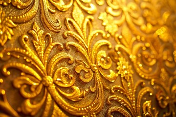 Close-up Macro Shot of Gold Metallic Wallpaper Texture