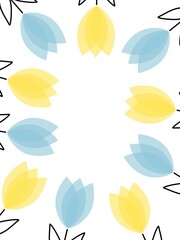 Fototapeta premium Frame of yellow and blue tulip flowers on white background
