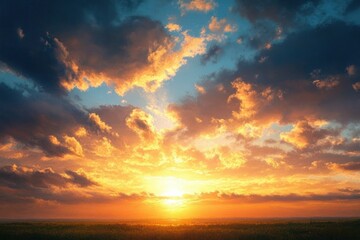 Fototapeta premium Dramatic Sunset Sky with Golden Sunbeam and Cloud Patterns